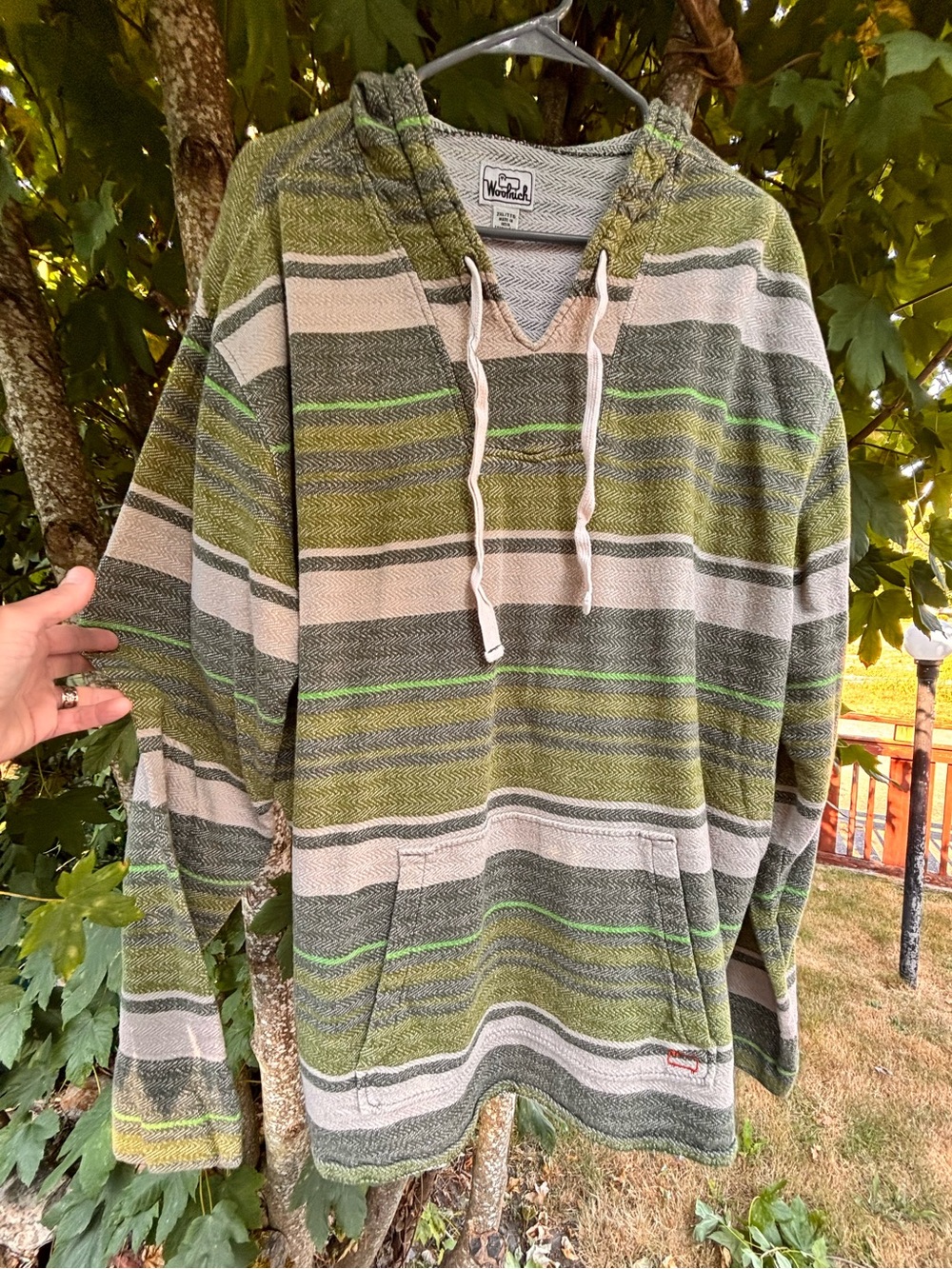 Vintage Woolrich white birch Olive & Cream Striped Baja Hoodie Size 2XL